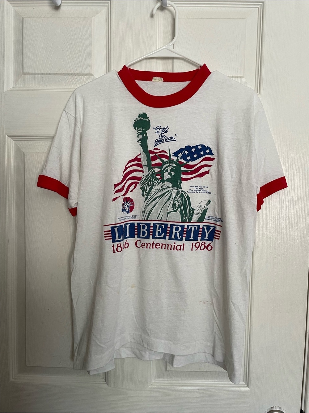 Vintage Liberty Centennial 1986 Graphic Ringer T-Shirt - Red/White